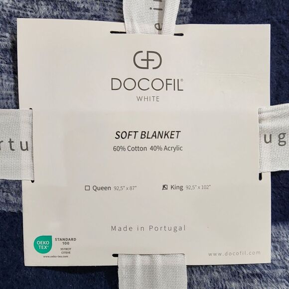 Docofil White Queen Size Soft Blanket Cotton‎ Blend Blue White Made In Portugal - Picture 2 of 7